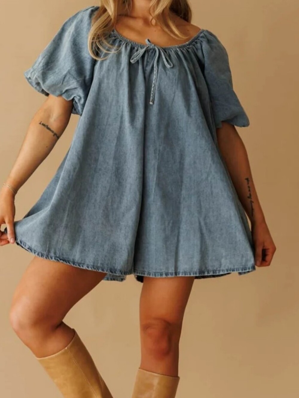 Denim Short Puff Sleeve Babydoll Romper - Light Blue